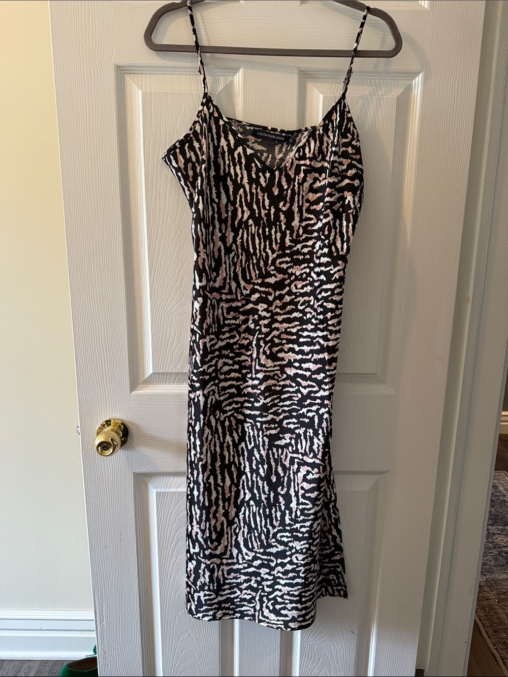 Calvin Klein Black and Cream Printed Midi Slip Dress
